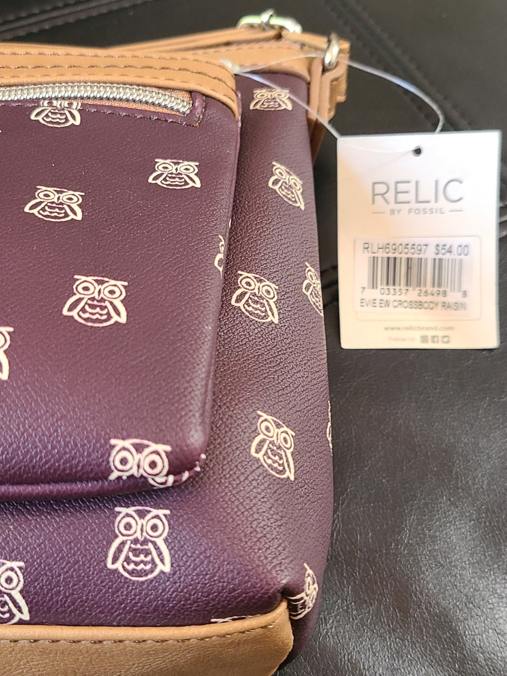 Relic Raisin Crossbody with Tan Trim and Owl Print